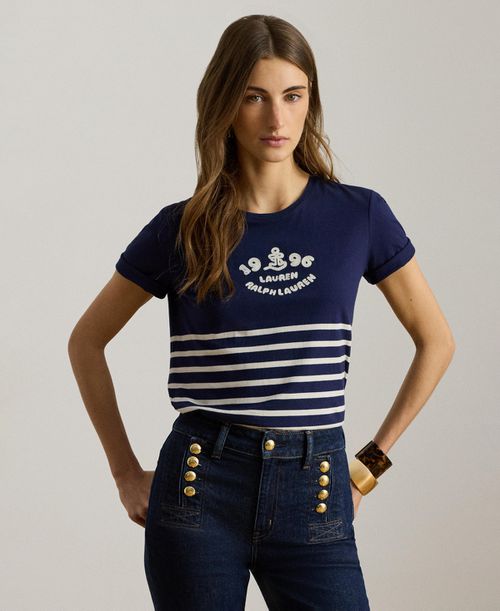 Women's Striped Embroidered Logo Crewneck T-Shirt - Refined Navy/mascarpone Cream