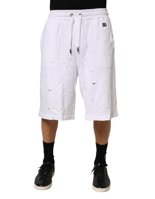 Distressed Cotton Bermuda Shorts — White