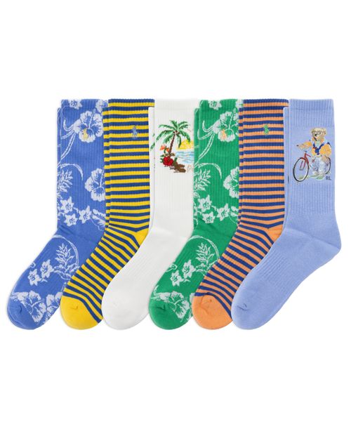 Men's Printed Crew Socks, 6-Pack - Paisley/Yellow Stripe/White/Blue/Orange