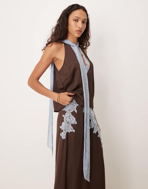 Lace trim high neck top in chocolate - part of a set-Brown