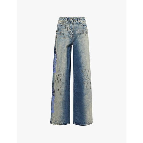 Womens Indigo Embroidered Faded-wash Straight-leg Jeans 28