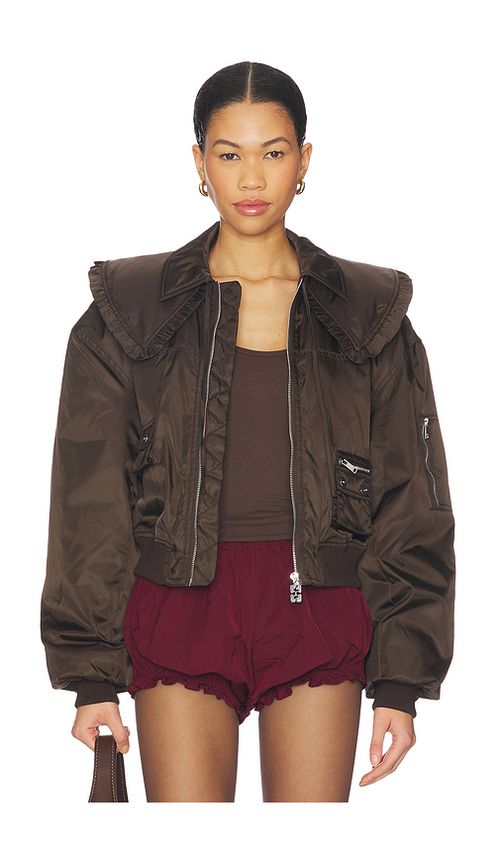 Ganni Duchesse Nylon Bomber Jacket in Brown. 36. Also