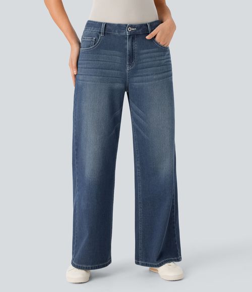 Flex™ Low Rise Zipper Pockets Washed Baggy Wide Leg Casual Jeans  - Cedar Blue Denim