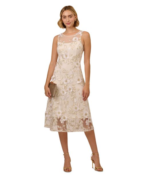 Adrianna Papell | Women's Floral Embroidery Illusion Fit & Flare Midi Dress  - Ivory/Gold | Realry