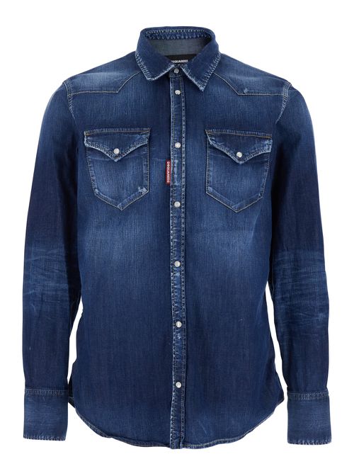 Blue Long-sleeved Shirt With Classic Collar And Two Front Pockets In Denim Man