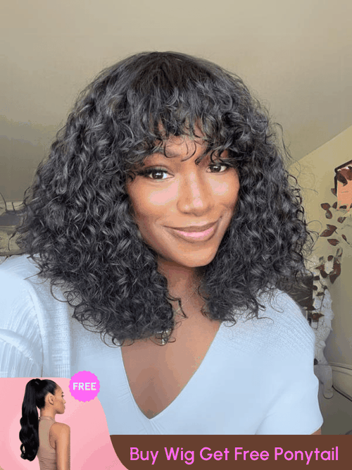 [$119=Wig+ Ponytail] Weekend Special Offer Curly Bob Wig With Bangs Mono Lace On Top & Body Wave Ponytai