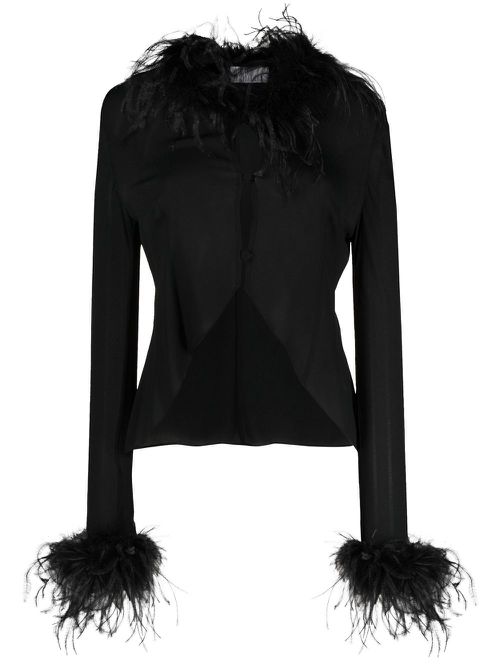 Feather-trimmed long-sleeved blouse - Black