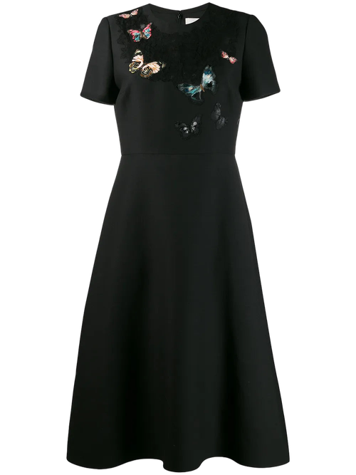 Butterfly Embroidered Crêpe Dress — Black