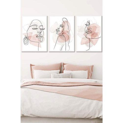 Set of 3 White Framed One Line Abstract Fashion Faces in Pink and Ivory Wall Art
