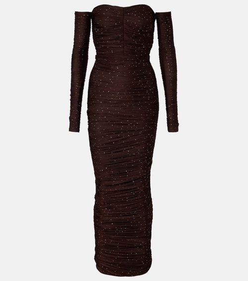 Ruched off-shoulder embellished jersey gown