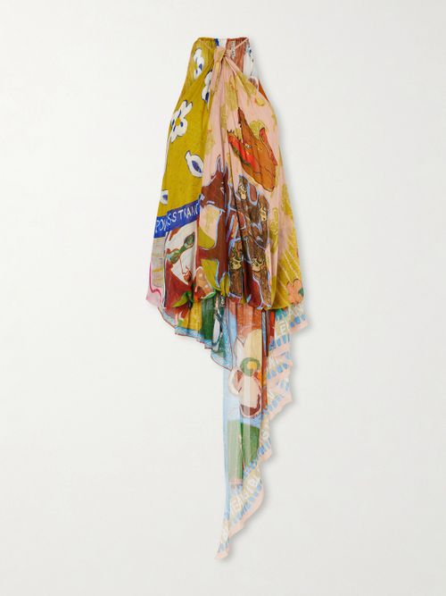 Mlak Asymmetrical Printed Organza Halterneck Tank - Yellow