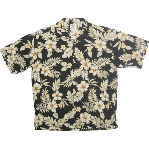 PAU HANA Mens Black & Cream Floral Hawaiian Shirt L Relaxed Fit Cotton Blend