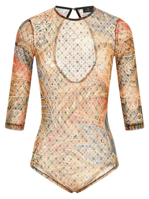 Paisley Foliage Tulle Bodysuit — Multicolor