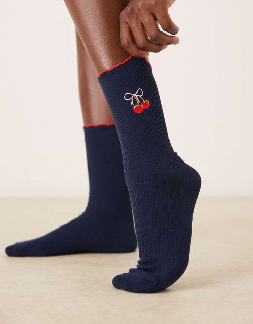 Cherry bow socks in navy blue