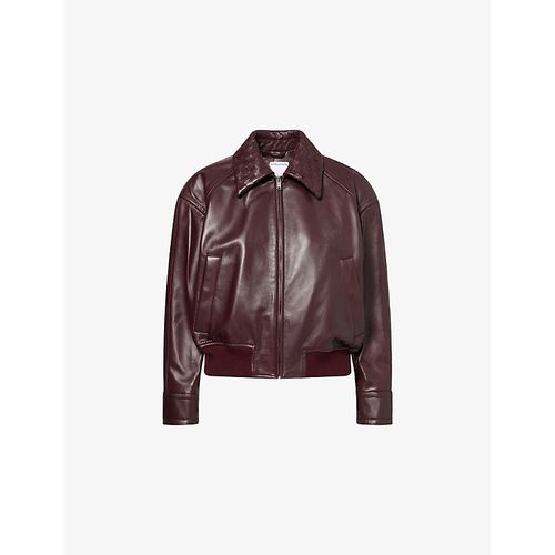 Womens Intrecciato-Collar Leather Bomber Jacket