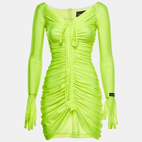 Neon Green Jersey Glove Detail Ruched Mini Dress