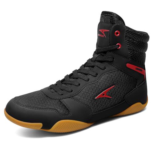 ASHION Men's Wrestling Shoes Boxing Shoes Lightweight High Top Fitness Sneakers Weightlifting Powerlifting Shoes Zero Drop Sole Black Gold
