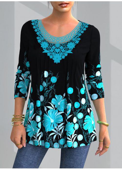 Modlily Blue Lace Floral Print Long Sleeve Blouse