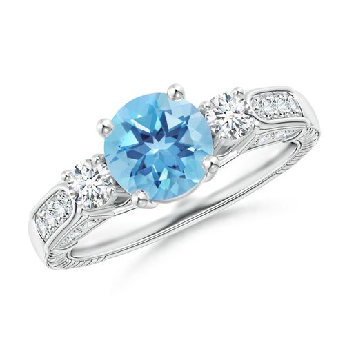 Angara 1.55 Carats Three Stone Round Swiss Blue Topaz and Diamond Ring in Platinum