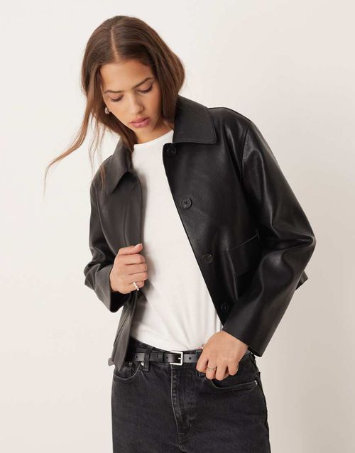 Faux leather boxy jacket in black