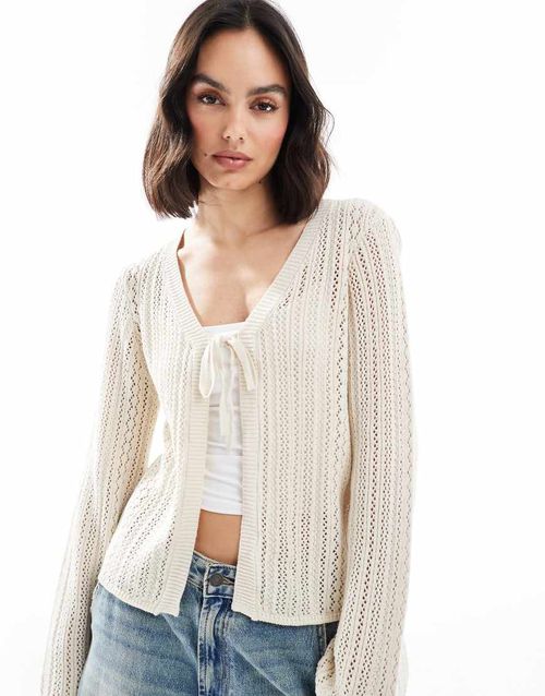 Pieces crochet tie front cardigan in birch cream-White