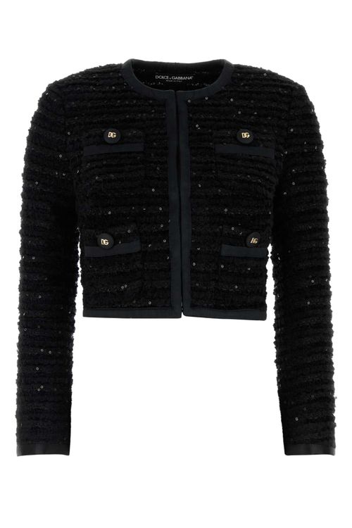 Sequin-Embellished Tweed Blazer — Black