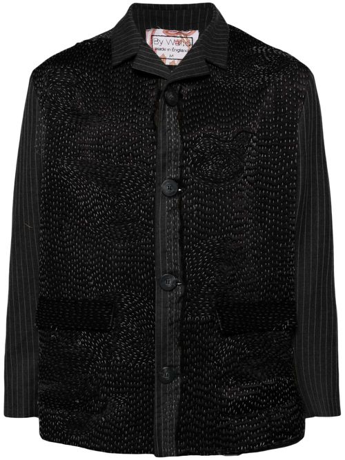 Embroidered pinstriped shirt jacket - Black