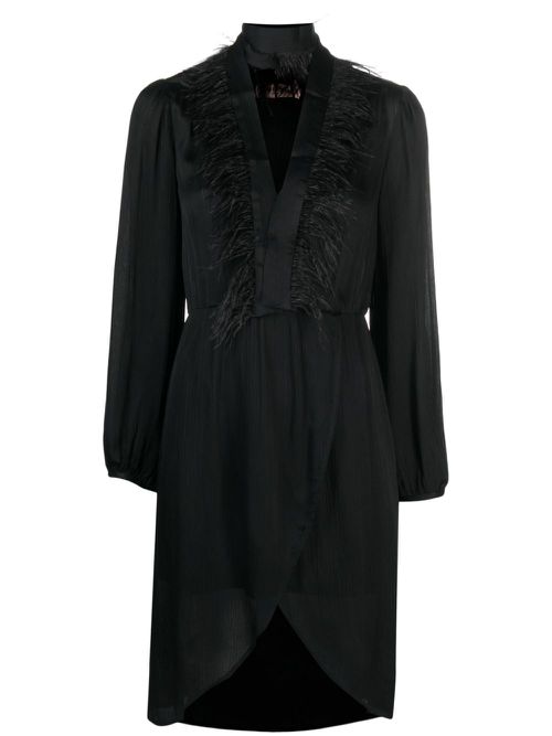 Feather-trim long-sleeve dress - Black