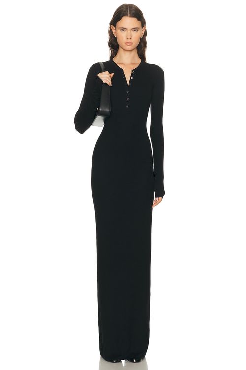 Eterne Long Sleeve Henley Maxi Dress in Black - Black. XS also in L, M