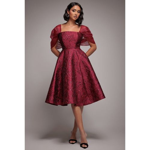 Goddiva Lace Up Jacquard Midi Dress With Organza Wings - Burgundy Red