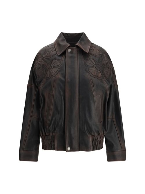 Nappa Leather Floral Embroidered Jacket — Brown