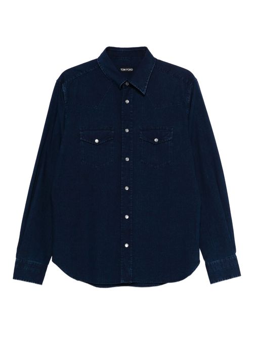 Pointed Collar Long Sleeve Button-Up Shirt with Chest Pockets