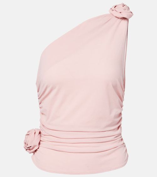 Floral-appliqué one-shoulder silk-blend top