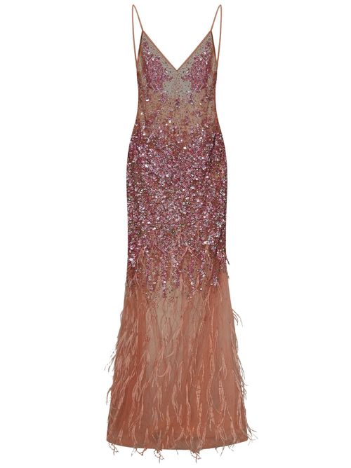 Beaded and Feathered Embellished Dress — Pink