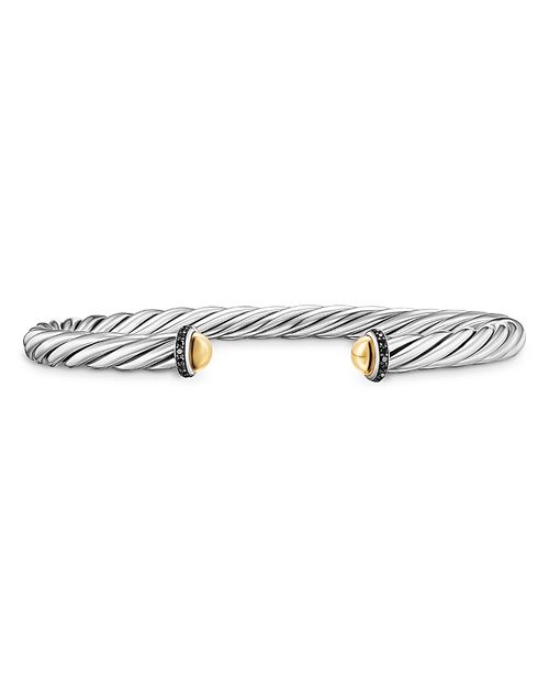 Cable Cuff Bracelet in Sterling Silver with 14K Yellow Gold and Black Diamonds, 6mm
