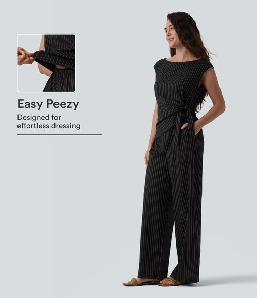 Boat Neck Sleeveless Tie Side Cool Touch Stripe Work Jumpsuit with Pockets-Easy Peezy Edition  - Black White Pinstripe