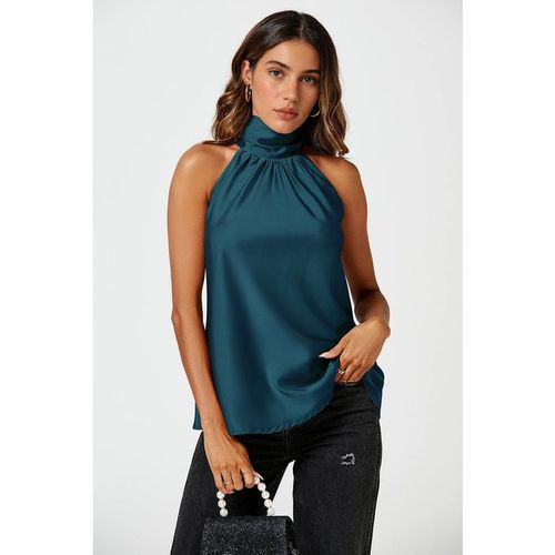 FS Collection Women's High Neck Sleeveless Satin Blouse Top in Teal | : Sma