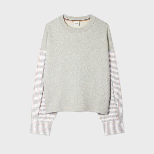 Women's Grey Sweatshirt with Striped Shirt Sleeves