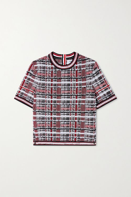Checked Cotton-blend Jacquard-knit Top - Red - IT42