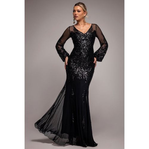 Goddiva Embellished Sequin Bishop Sleeve Maxi Dress - Black