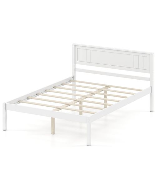 Wooden Platform Bed Frame with Headboard and Slat Support, Strong Mattress Base - White
