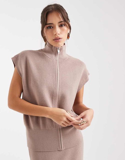 Zip up high neck short sleeve jumper co-ord in taupe-Neutral