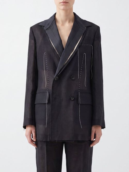 Cropped Double-Breasted Wool Blend Blazer with Patchwork Design