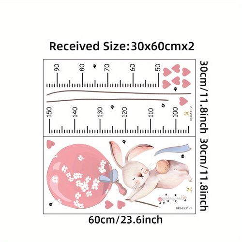 TEMU Cute Bunny Growth Chart Wall Decals With Measurement Ruler - & Hearts Nursery Decor, Removable Self-adhesive Baby Girl Room Stickers, Easy To