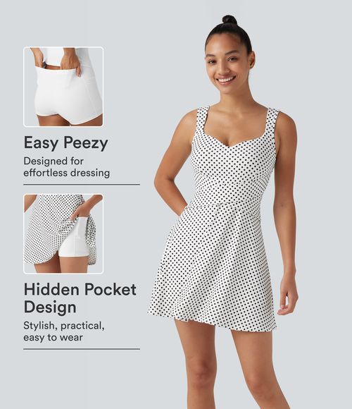 Built-in Bra 2-in-1 Polka Dot Mini Tennis Active Dress with Pockets-Easy Peezy Edition Workout Dress - Snow Dots