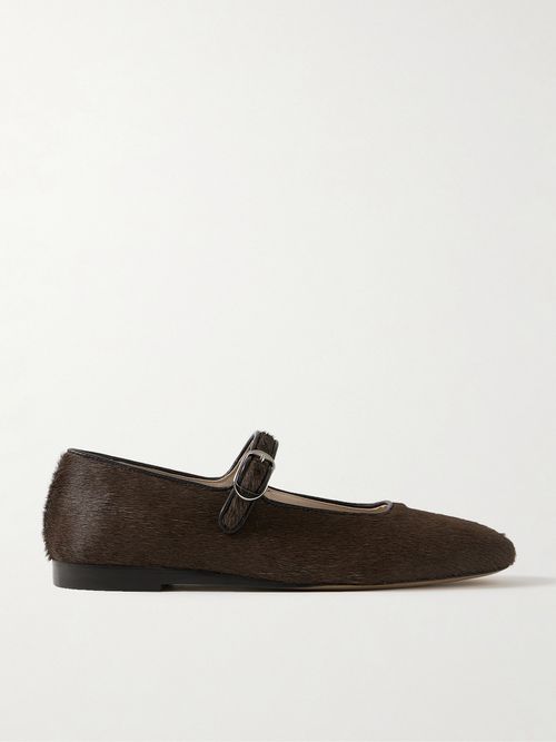 Leather-trimmed Pony Hair Mary Jane Ballet Flats - Brown