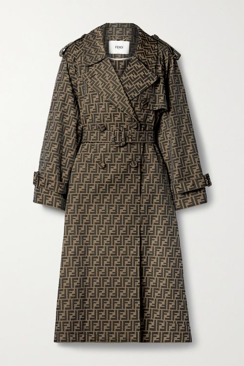 Double-breasted canvas-jacquard trenchcoat met riem - Bruin - IT38