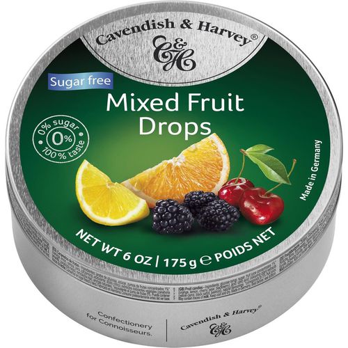 Pack of 6 Cavendish & Harvey Sugar-Free Mixed Fruit Drops in Tin - Premium Hard Boiled Travel Sweets - Each H4 x 9.7cm, 175g