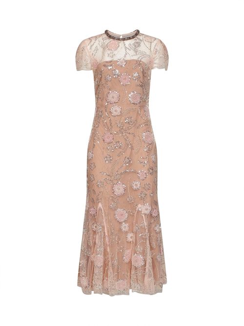 Sequin Floral Embroidered Tulle Dress — Pink