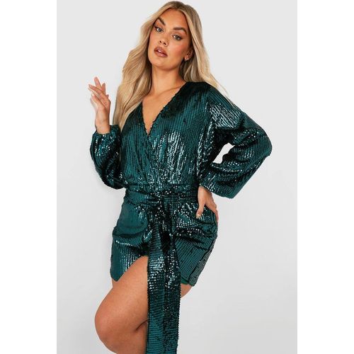 Boohoo Women's Plus Velvet Sequin Tie Waist Playsuit in Evergreen